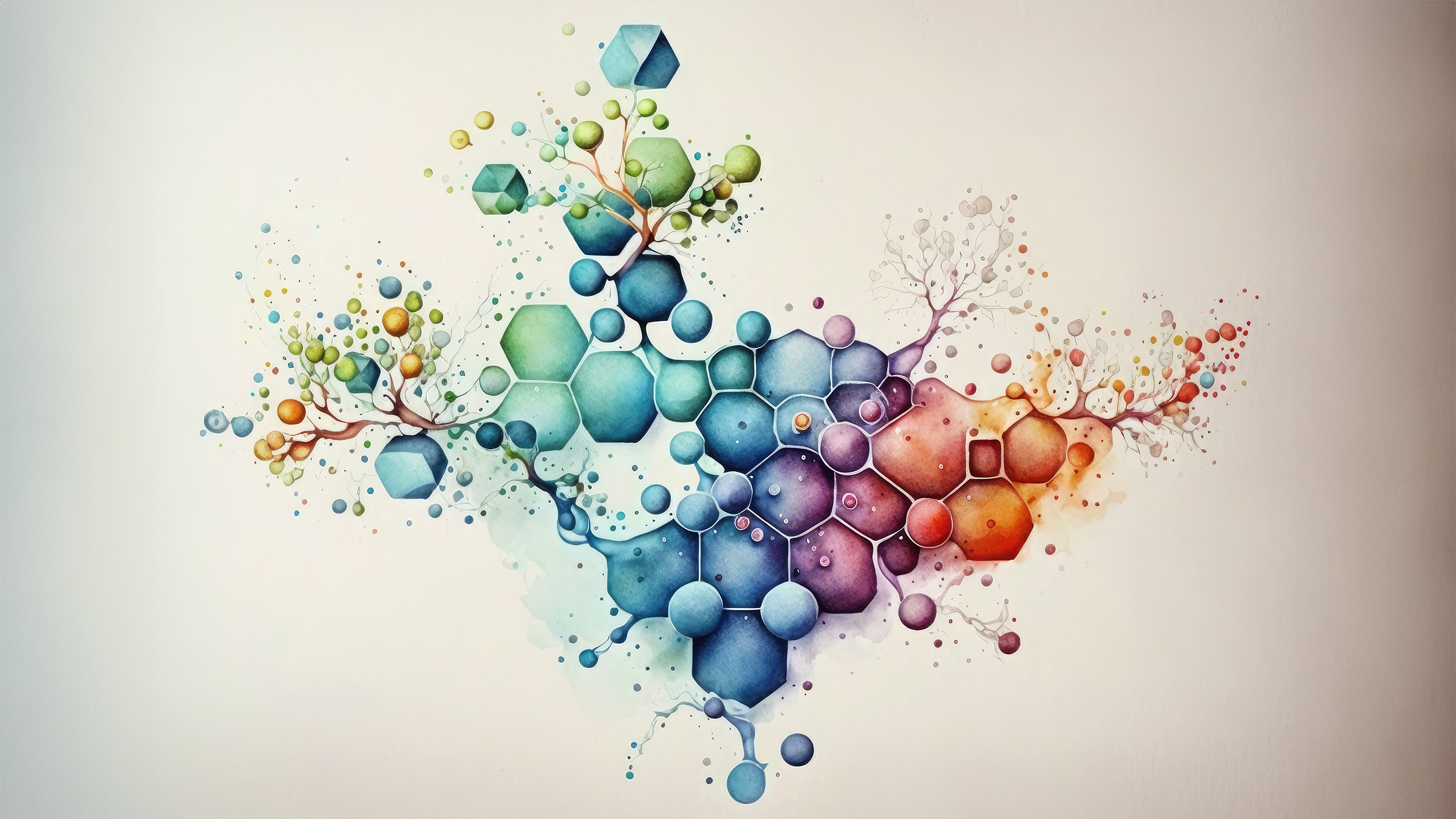 A watercolor-style illustration evoking chemistry and organic shapes.